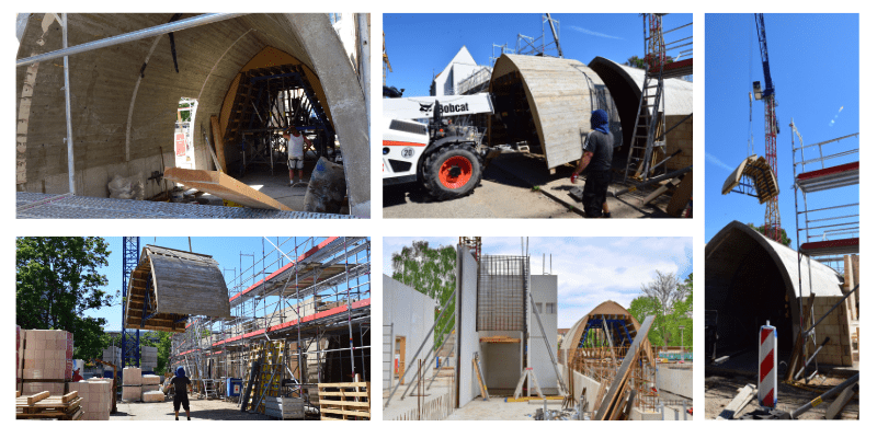Startseite: Bischofsgang im Bau. Baustelle mit Bauarbeitern, Kran, Gabelstapler und Gerüst.
