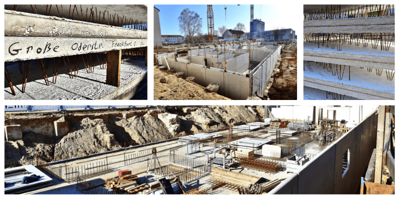 Bodenplatte: Baustelle mit Betonplatten und Armierungseisen für den Hausbau. Startseite.