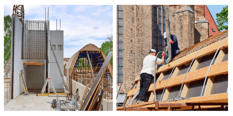 Einzelbild-1: Baustelle mit Rohbau, Holzkonstruktion und Dacharbeiten. Startseite.