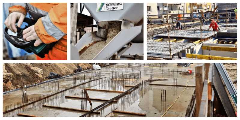 Einzelbild: Baustelle mit Betonarbeiten, Stahlbewehrung und Bauarbeiter. Startseite.