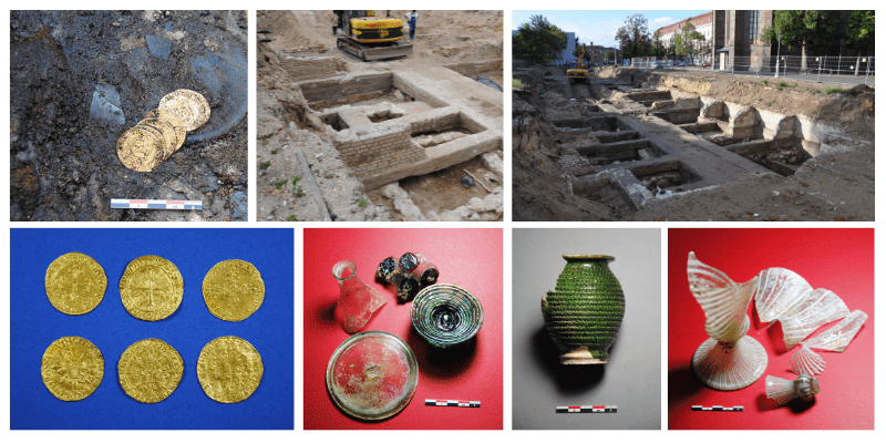 Startseite: Einzelbild Funde zeigt archäologische Ausgrabungen, Goldmünzen, Glas- und Keramikfunde.
