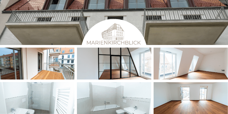 Startseite: MockUp Marienkirchblick mit Balkonen, Zimmern und Badezimmern.