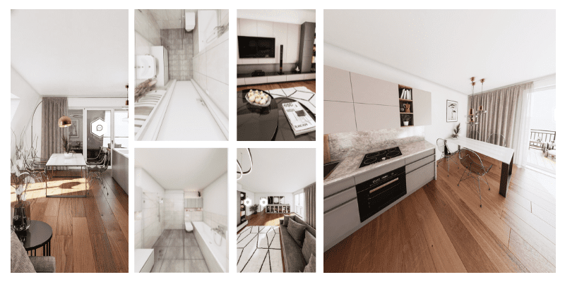 Virtuelle Rundgänge: Collage moderner Innenräume, Wohnzimmer, Küche, Bad. Startseite.