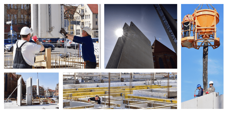 Startseite: Wände im Erdgeschoss beim Bau, Arbeiter und Betonarbeiten.